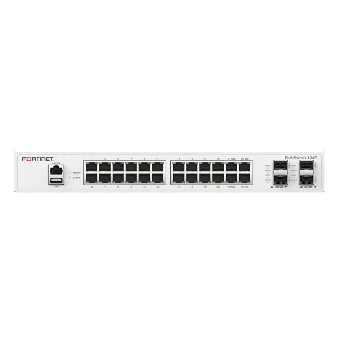 Fortinet FortiSwitch-124F is a performance/price competitive switch with 24x GE port + 4x SFP+ port + 1x RJ45 console. Fanless design.